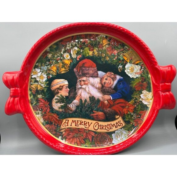 Vtg Christmas Deluxe St Nick Bow Crystal Finish Serving Tray Cookies Plastic - Picture 1 of 7